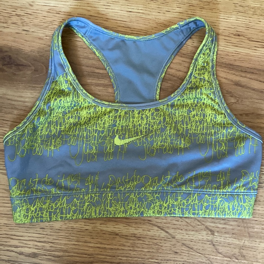Gray and yellow “just do it” pattern sports bra